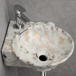 REMOTION Wall Mounted Wash Basin for Bathroom | Wall Hung Corner Sink | Ceramic Round Wall Hung Wash Basin | Wall Hung Small Corner Basin (16.3 x 13.8 x 4.3 Inch) (White Gold Spot)