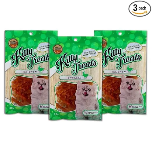 Image of Rena Kitty Soft Chicken Jerky Cat Treats Pack of 3 (30g Each) | Protein & Fiber Rich Chewy Snacks for Cats & Kittens | T