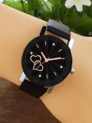ReniSales Prism Designer Watch Analog Watch - For Women Diamond Prism Glass Two Love Heart Dial Black Leather For Girl