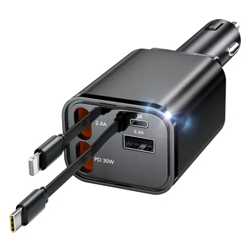 Image of Retractable 4-in-1 Fast Charging Car Charger 100W with Cable and 2 USB Ports