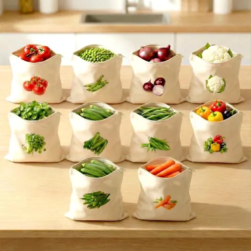 Image of Reusable Cotton Vegetable Storage Bags with Zipper, Po10