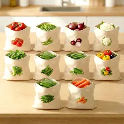 Reusable Cotton Vegetable Storage Bags with Zipper, Po10