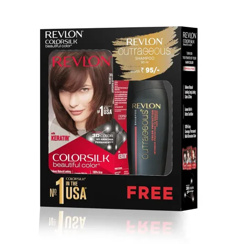 Image of REVLON ColorSilk Hair Color with Keratin - 3RB Dark Mahogany Brown with Outrageous Shampoo 90 ml)