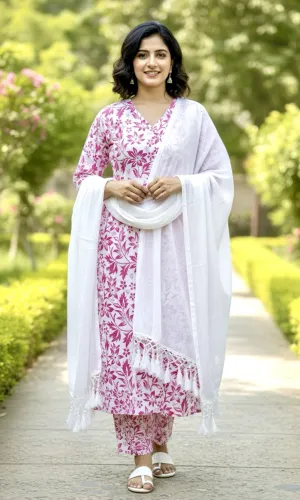 Image of RICF ROYALS INDIA FASHION COLLECTION Women Khadi Cotton, Cotton Blend Kurti Palazzo Dupatta Set