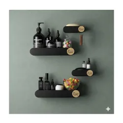 RIOMAX Pack of 4 Bathroom Shelf for Wall, Self-Adhesive Bathroom Organiser, Wall Mounted Shelf, Kitchen Storage Racks, Soader (Plastic, 2 Bathroom Shelves+ 2 Soap Holders) (Black)