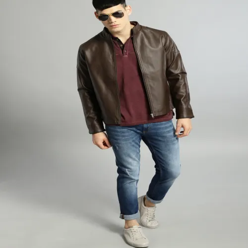 Image of Roadster Men Brown Solid Leather Jacket