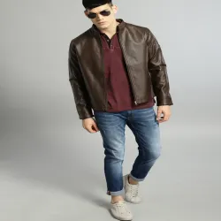 Roadster Men Brown Solid Leather Jacket