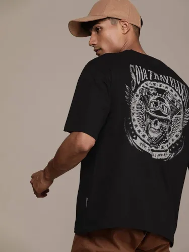 Image of Roadster  Men Printed, Typography Round Neck Pure Cotton Black T-Shirt