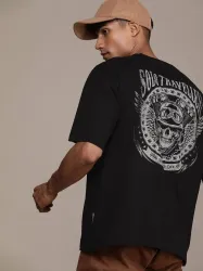 Roadster  Men Printed, Typography Round Neck Pure Cotton Black T-Shirt