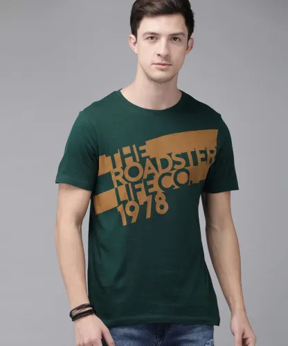 Image of Roadster Men Printed Round Neck Pure Cotton Dark Green T-Shirt