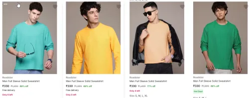 Image of Roadster Men Full Sleeve Solid Sweatshirt Starting Price @ ₹330