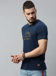 Roadster Men Printed Round Neck Pure Cotton Dark Blue T-Shirt