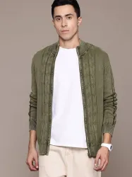Roadster Men Self Design High Neck Green Sweater