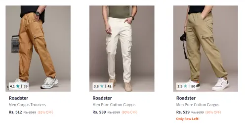 Image of Roadster Men's Cargos at minimum 80% Discount