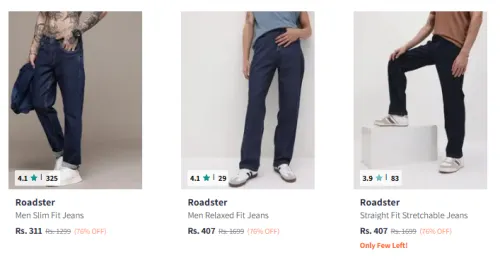 Image of Roadster Men's Jeans at Minimum 70% Discount