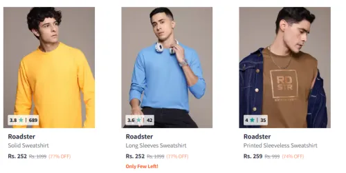 Image of Roadster Men's Sweatshirts at minimum 70% Discount