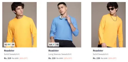 Image of Roadster Men's Sweatshirts at Minimum 80% Discount
