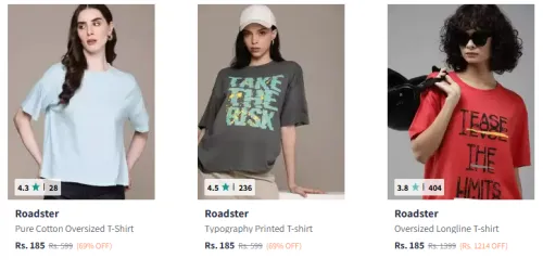Image of Roadster The Life Co. Pure Cotton Drop-Shoulder Sleeves Oversized T-shirt Starting Price @ ₹185
