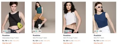 Image of Roadster The Life Co. Women Sleeveless Crop T-Shirt starting @ ₹119