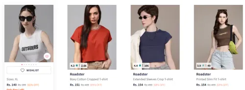 Image of Roadster The Lifestyle Co Women Crop T-shirt Starting at ₹140