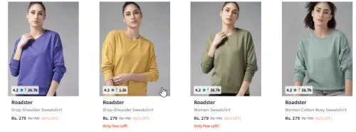Image of Roadster Women Drop-Shoulder Sleeves Solid Sweatshirt Starting Price @ ₹279