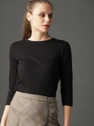 Roadster Women Solid Round Neck Pure Cotton Black T-Shirt