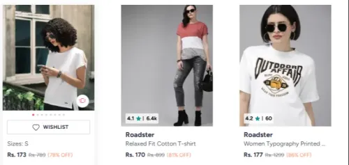 Image of Roadster Women's T-shirt Upto 86% Discount