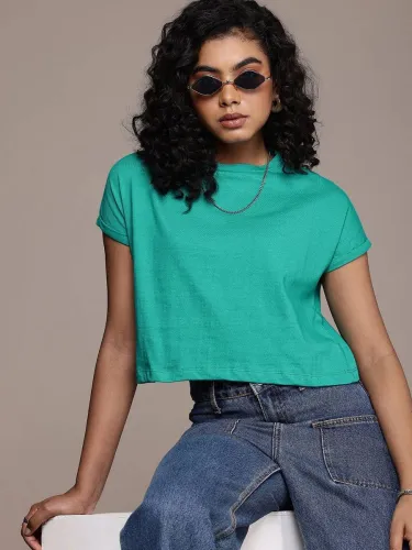 Image of Roadster Women Solid Round Neck Pure Cotton Green T-Shirt.
