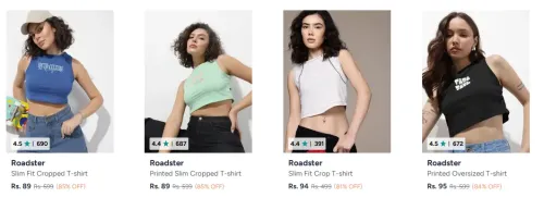 Image of Roadster women's T Shirts at minimum 81% Discount Starting ₹89 
