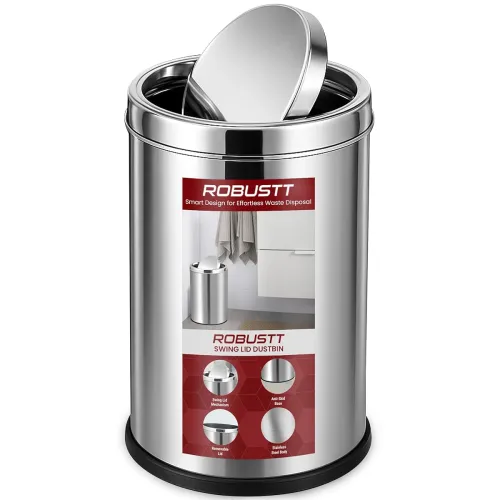 Image of Robustt 10L Stainless Steel Swing Lid Dustbin (Silver)