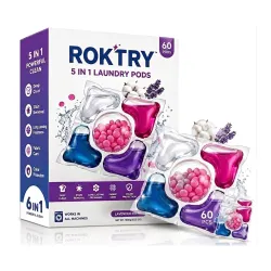 ROKTRY 5-in-1 Ultra Concentrated Laundry 60 Pods Mega Pack Zero Residue Washing Machine Detergent Capsules Stain Removal, Fabric Softener & Brightener Liquid Laundry Pods for All Load Types