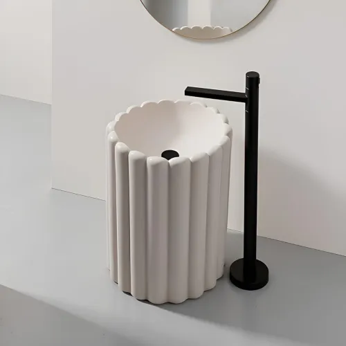 Image of Round Pedestal Wash Basin, Acrylic Resin and Quartz, Free Standing, Round Basin for Bathroom/Hotel/Home/Restaurant 86 x 