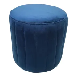 Round Velvet Ottoman Footstool, Channel Tufted Pouf Blue