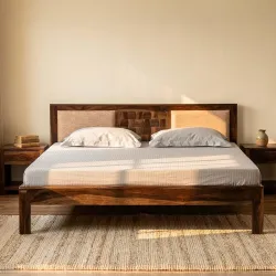 Royaloak Regal Wooden Queen Size Bed in Sheesham Wood with Fabric Upholstered