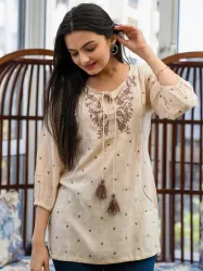 RR SA KURTIS Casual Regular Sleeves Embroidered Women Beige Top