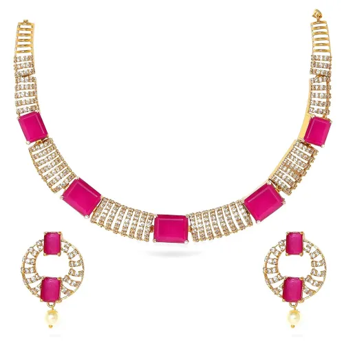 Image of Rubans Ruby Red Pink Zirconia Necklace Set with Earrings for Women Bridal