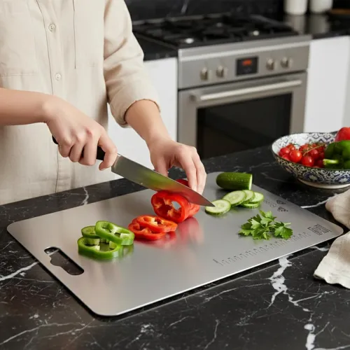 Image of Rusabl Premium Food Grade Stainless Steel Chopping Board for Kitchen (Rectangular, 31 x 21 cm, Medium), BIS Certified, A