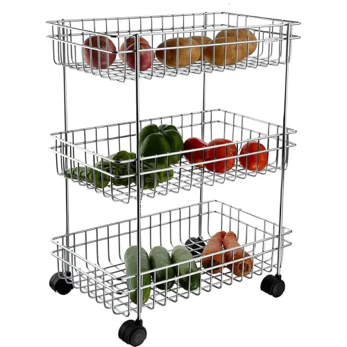 Image of Rust Free Stainless Steel Fruit and Vegetable Stand Basket Trolley Modern Onion Potato Kitchen Storage Steel Rack