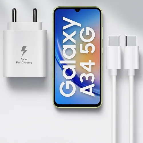 Image of RVAT 25 W Quick Charge 3 A Wall Charger for Mobile with Detachable Cable (White, Super Fast Charger 25w for A34 5G & oth