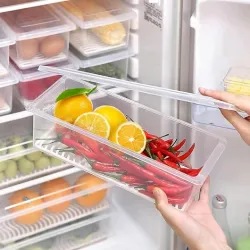 Rylan Plastic Fridge Storage Boxes (Pack Of 3), Fridge Organizer With Removable Drain Plate Tray Keeps Fruits, Vegetables, Meat, Fish Fresh Longer (1500 Ml),White