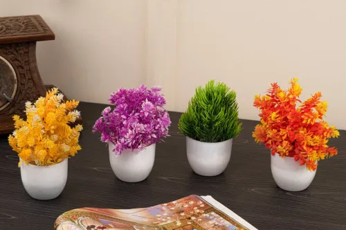 Image of Ryme Small Size Pack Of 4 Bonsai Wild Artificial Plant with Pot (11 cm, Multicolor)