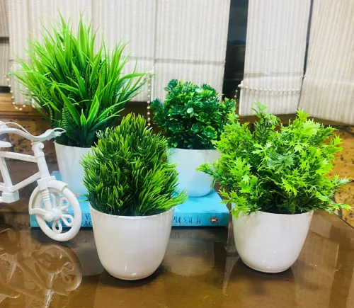 Image of Ryme Small Size Set Of 4 With Pot For Home And Office Decor Bonsai Wild Artificial Plant with Pot (11 cm, Green)