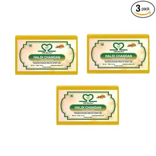 Image of S2M Herbal Handmade Haldi Chandan Soap (Pack of 3 x 125g) | Sandalwood & Turmeric Ayurvedic Bath Soap with Glycerine | D