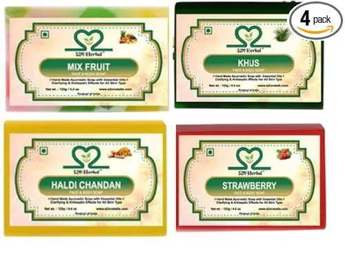 Image of S2M Herbal Handmade Soap Combo Kit 10 - Pack of 4 (Haldi Chandan, Strawberry, Khus, Mix Fruit Soap) (|Gift Pack For Glow