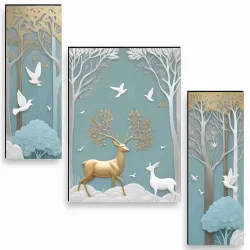 SAF deer Paintings for Wall Decoration - Set Of 3, 3d modern art Painting for Living Room Large Size with Frames for Hom