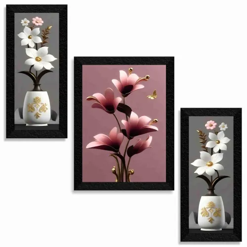 Image of SAF Elegant Flower Pot Wall Painting Framed Set Of 3