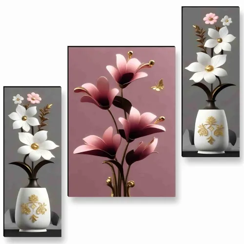 Image of SAF Paintings flower pot for Wall Decoration - Set Of 3, 3d modern art Painting for Living Room Large Size with Frames