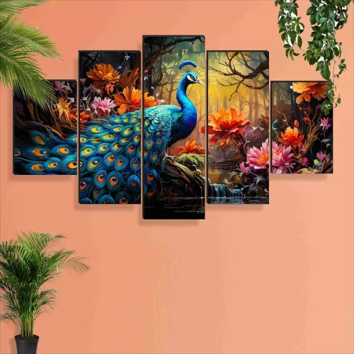 Image of SAF Peacock Paintings for Wall Decoration - Set Of Five, 3d Scenery Vastu Painting for Living Room Large Size with Frame