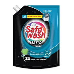 Safewash Top Load Matic Premium Liquid Detergent 1.8 L Refill Pouch with Colour-Protect Technology | 2x Stain Removal | 