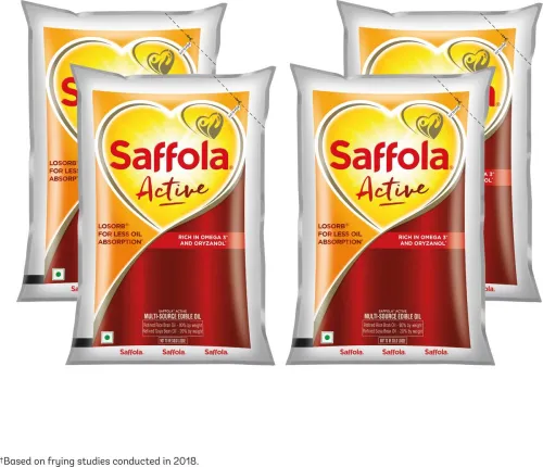 Image of Saffola Active, Rich in Omega 3 & Oryzanol, Multi-Source Edible Rice Bran & SoyaBean Blended Oil Pouch  (4 x 1 L)